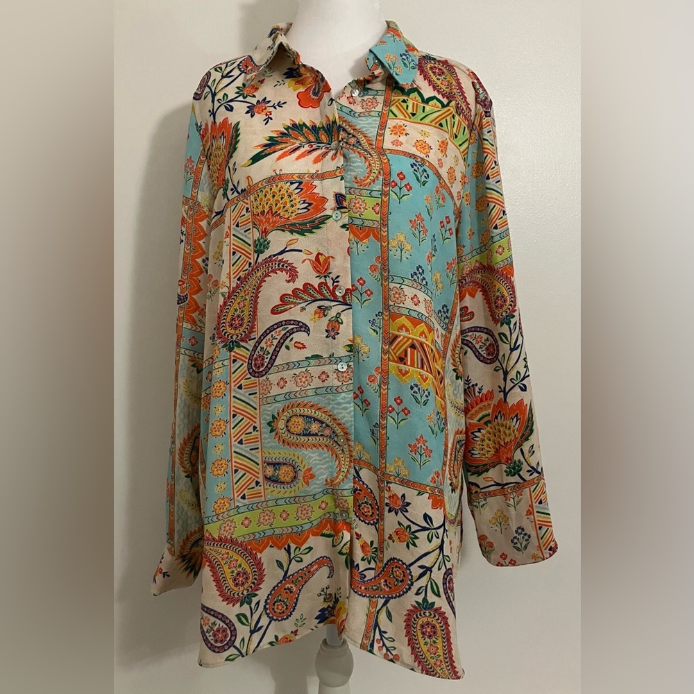 Rose + Olive Button Large Patchwork Paisley Blous… - image 1